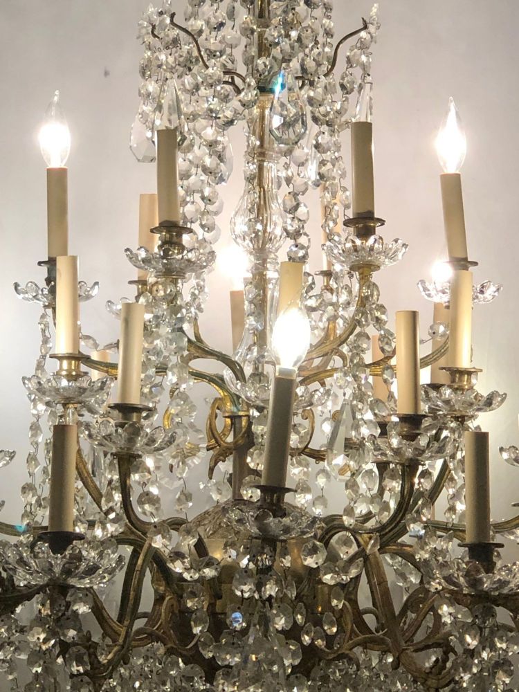 Palatial 19th-20th Century Thirty-Light Crystal and Brass Column Form Chandelier