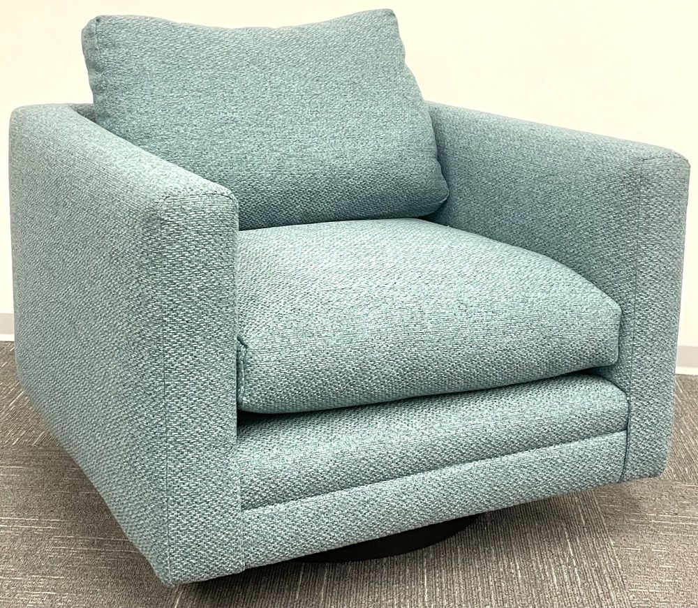 Pair Teal Milo Baughman Style Mid Century Modern Lounge Chairs, Swivel, Square