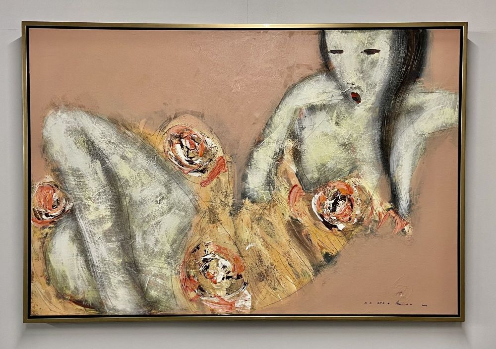 Mid-Century Modern Figurative Painting, Oriental, One of a Pair, Signed