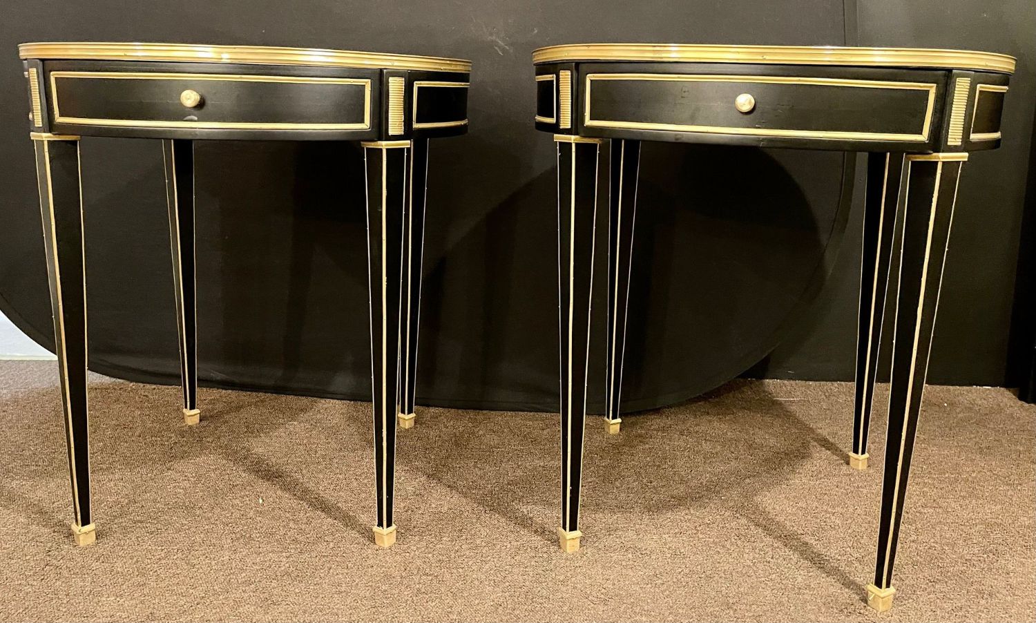 Hollywood Regency Ebony Bouillotte or End Tables, Manner Jansen Mirror Tops Pair