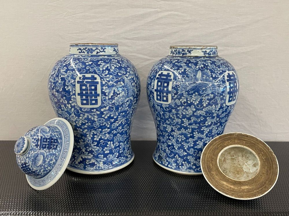 Pair of 19th Century Blue and White Lidded Temple Jars/Urns