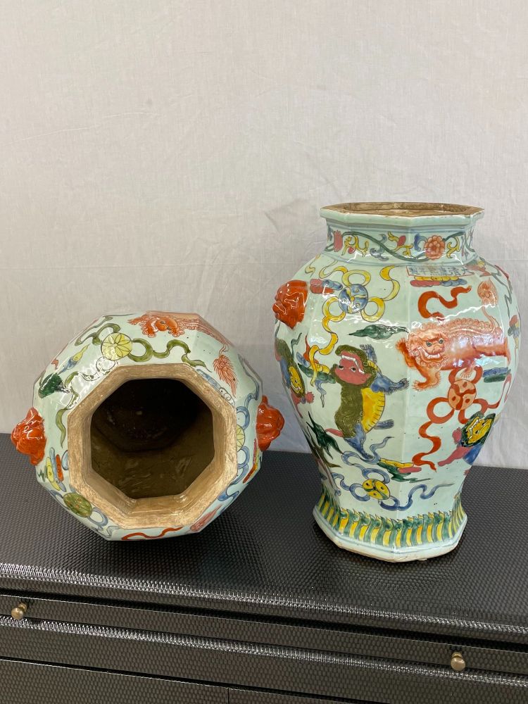 Pair of 19th Century Temple Jars, Lidded, Chinoiserie Foo Dog Finials, 19th C.