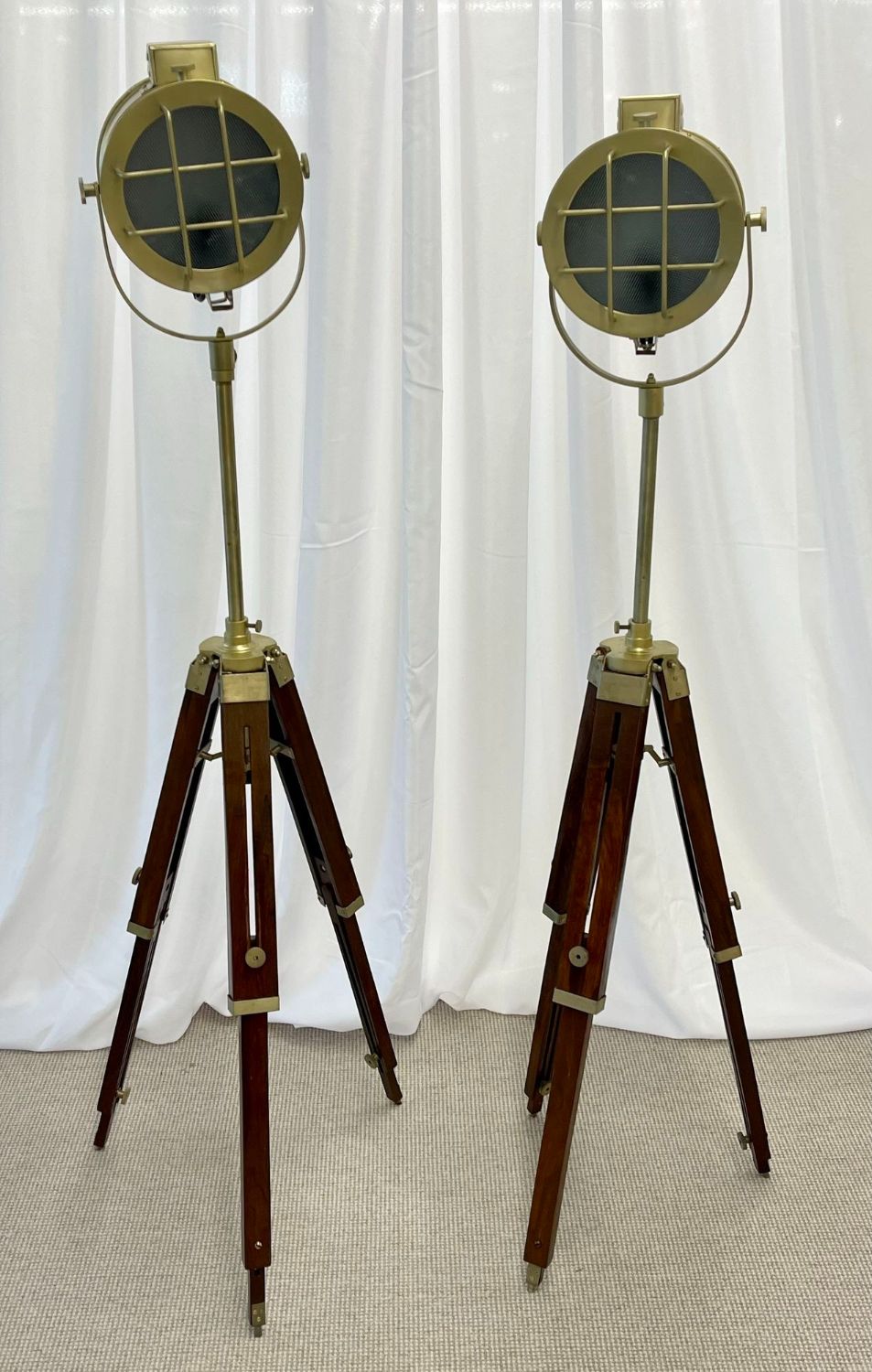 Pair of Industrial Style Search Lights, Mahogany Tri-Pod Base
