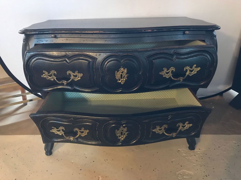 Black Distressed Bombe Commode with Bronze Mounts and Pull-Out Tray Top