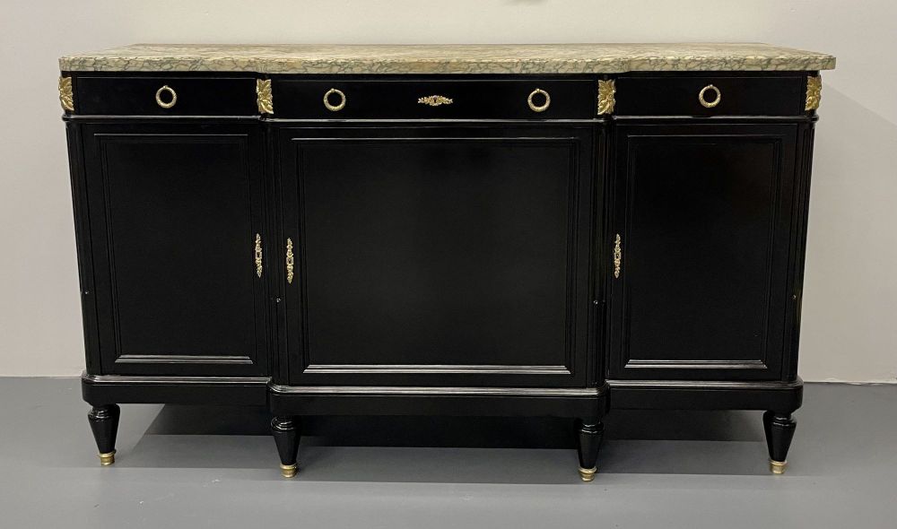 Ebony Hollywood Regency Louis XVI Style Bronze Mounted Sideboard, Marble Top