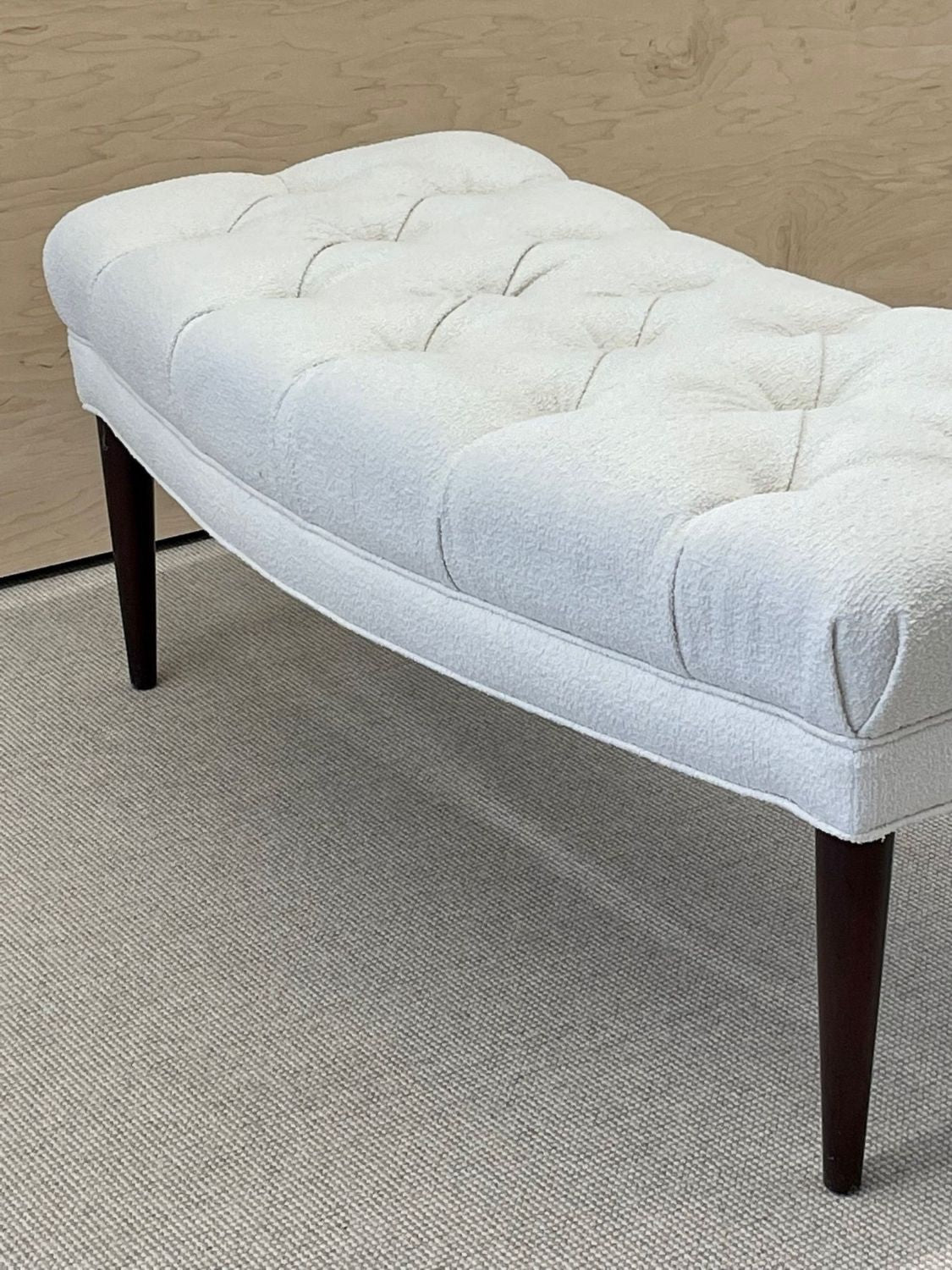Mid-Century Modern Freeform Tufted Bench, American Designer, Ebony Wood, Bouclé