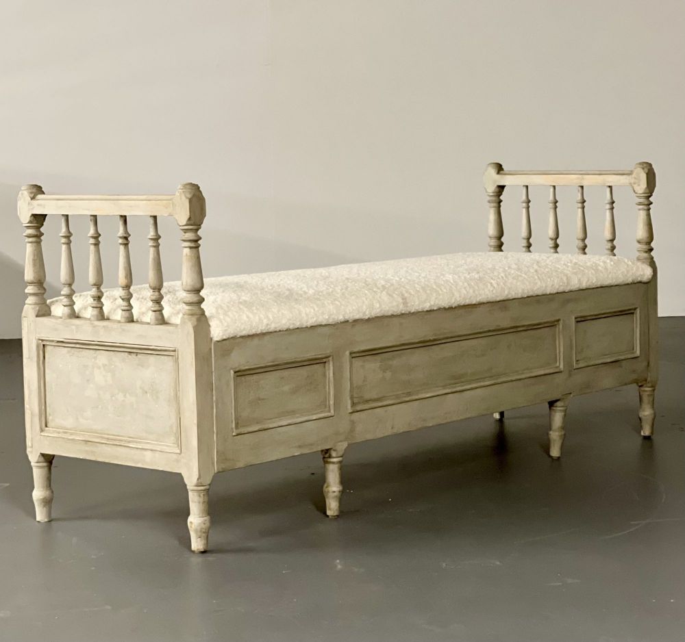 Gustavian Paint Decorated Storage Bench, New Wool Shearling, Sweden, 19th C.