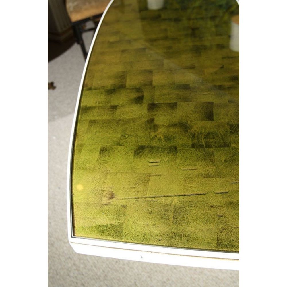 Pair Maison Jansen Painted and Eglomise Emerald Green Glass Top Console Tables
