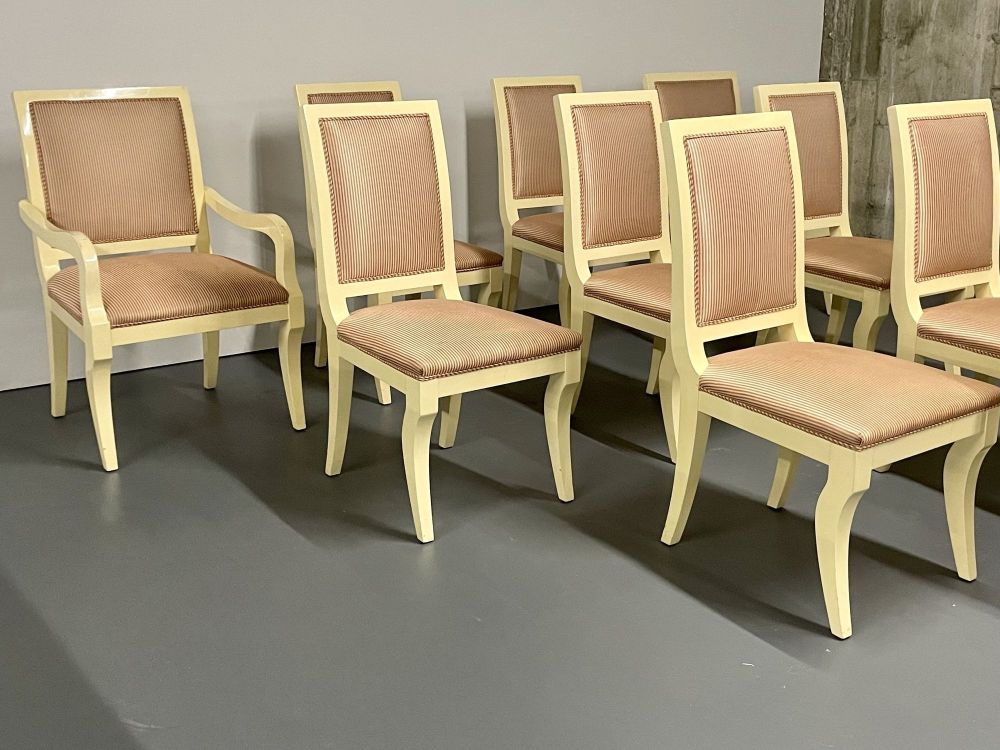 Ron Seff, White Lacquer, Striped Fabric, Ten Modern Dining Chairs, USA, 1970s