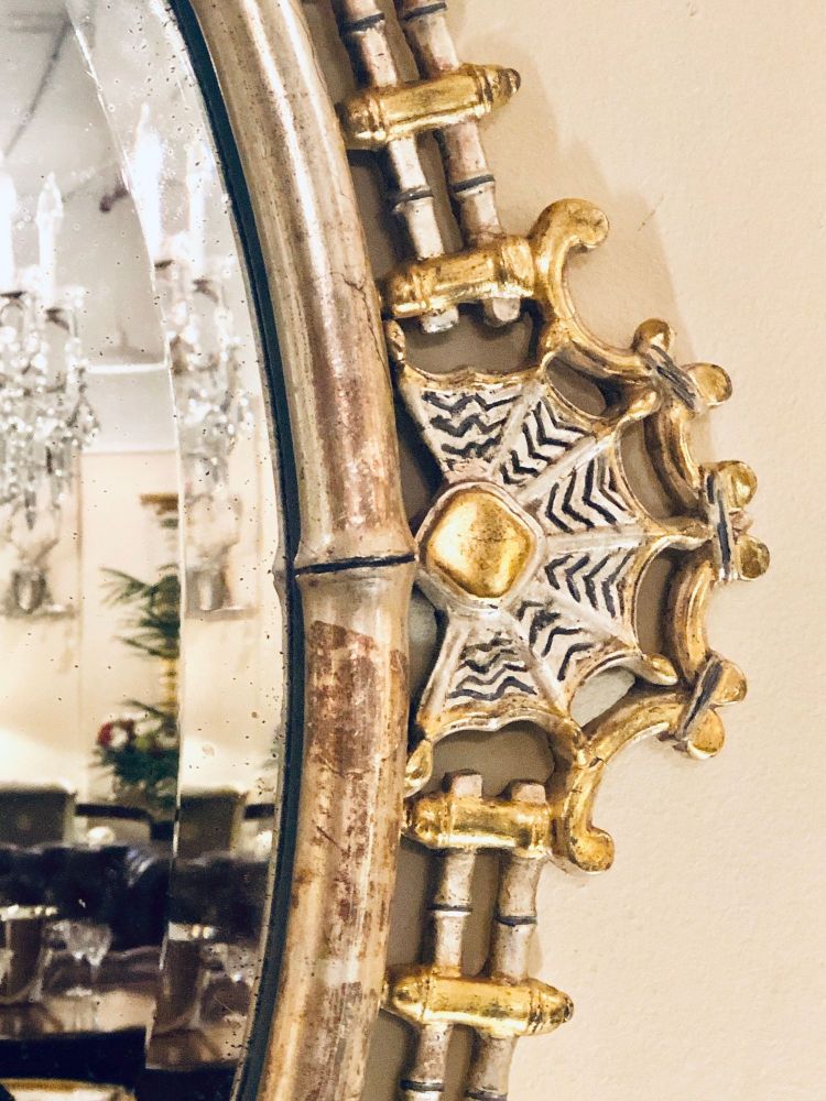 Silver and Gold Leaf Decorator Wall Mirror Having a Web Design and Dancing Bear