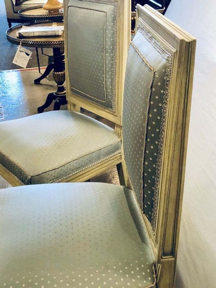 Set of Six Jansen Style Dining, Side Chairs, Faux Linen Painted, New Upholstery