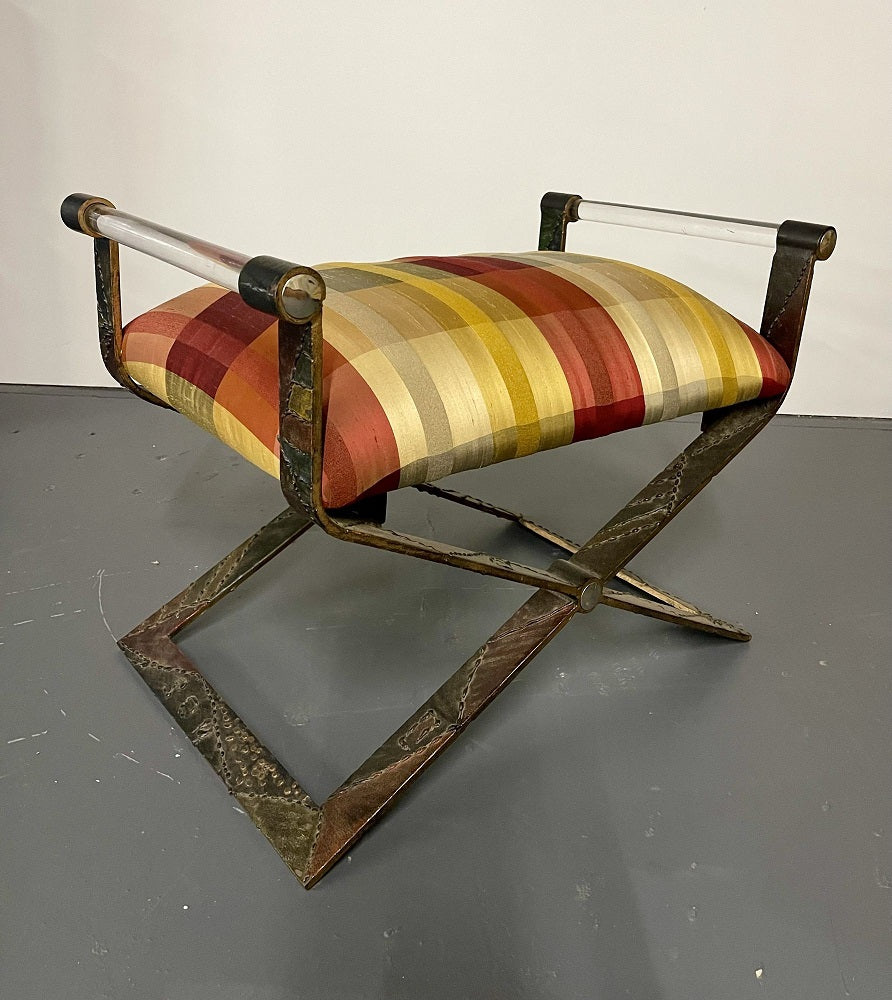 Mid Century Modern Paul Evan Style X Bench, Lucite Armrest, Chrome Accents