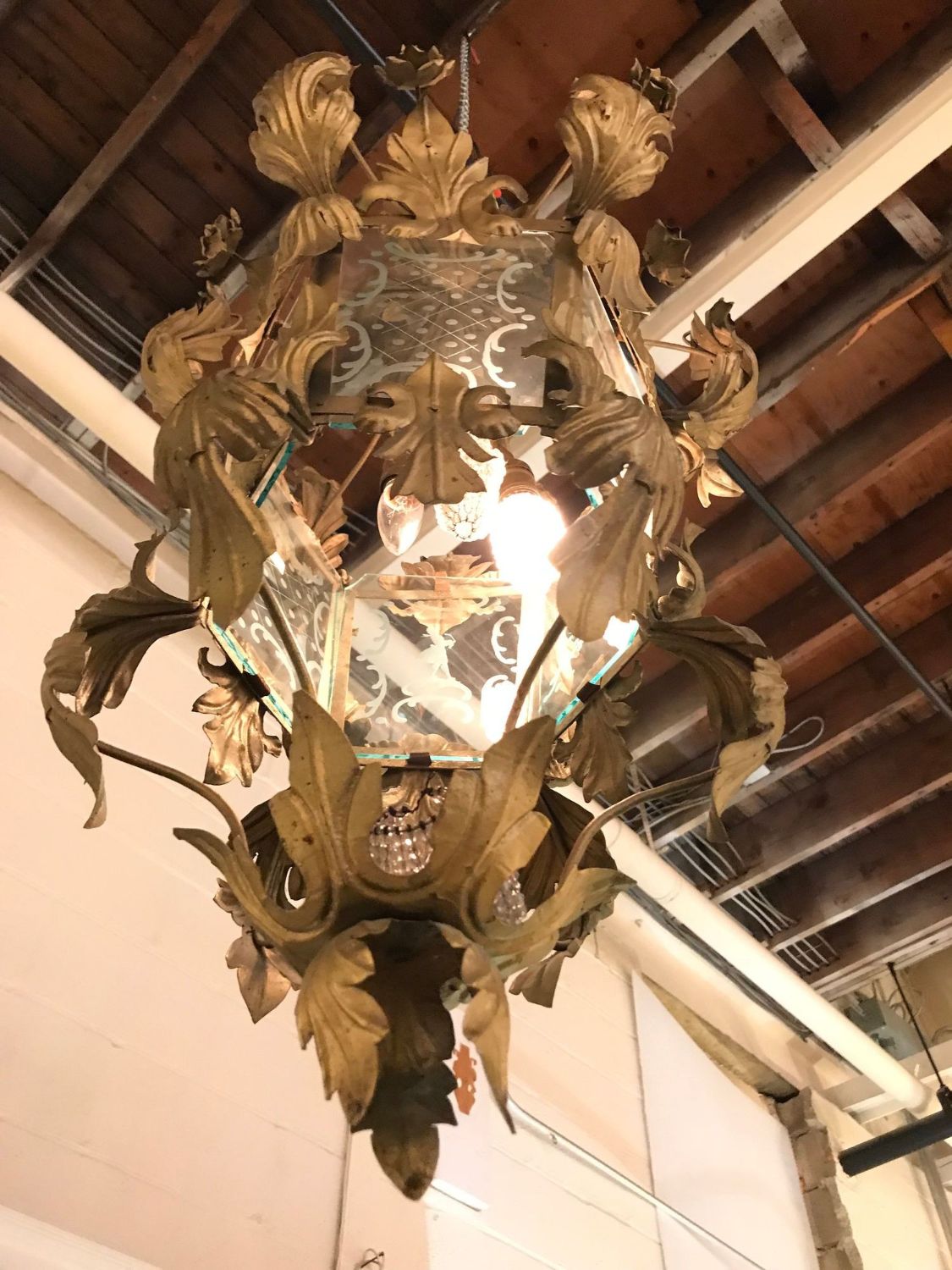 Hollywood Regency Gilt Metal Etched Glass Hanging Lantern