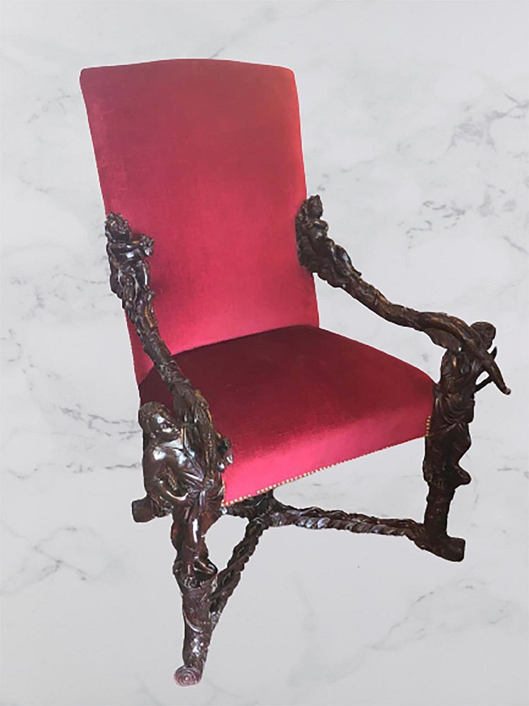 Pair of Italian 19th Century Baroque Carved Arm Throne Chairs, Figural Carvings