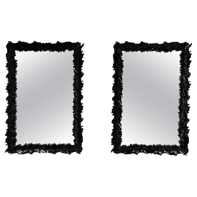 Serge Roche Style, Modern, Rectangular Leaf Wall Mirrors, Black Lacquer