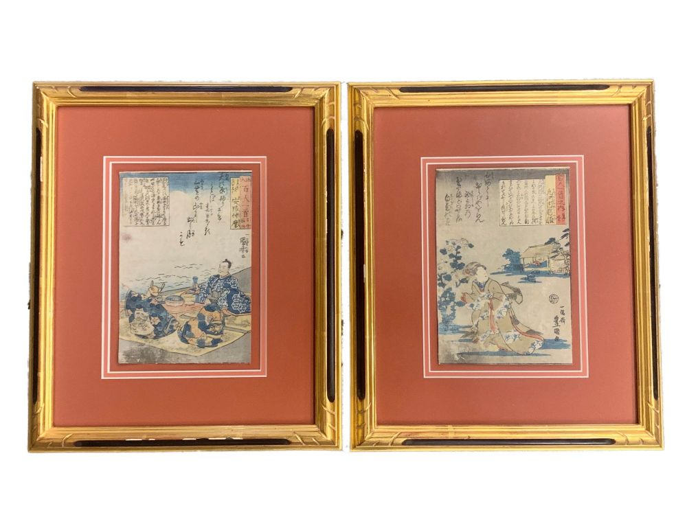 Pair of 19th Century Japanese Woodblocks by Utagawa Kuniyoshi in Custom Frames.