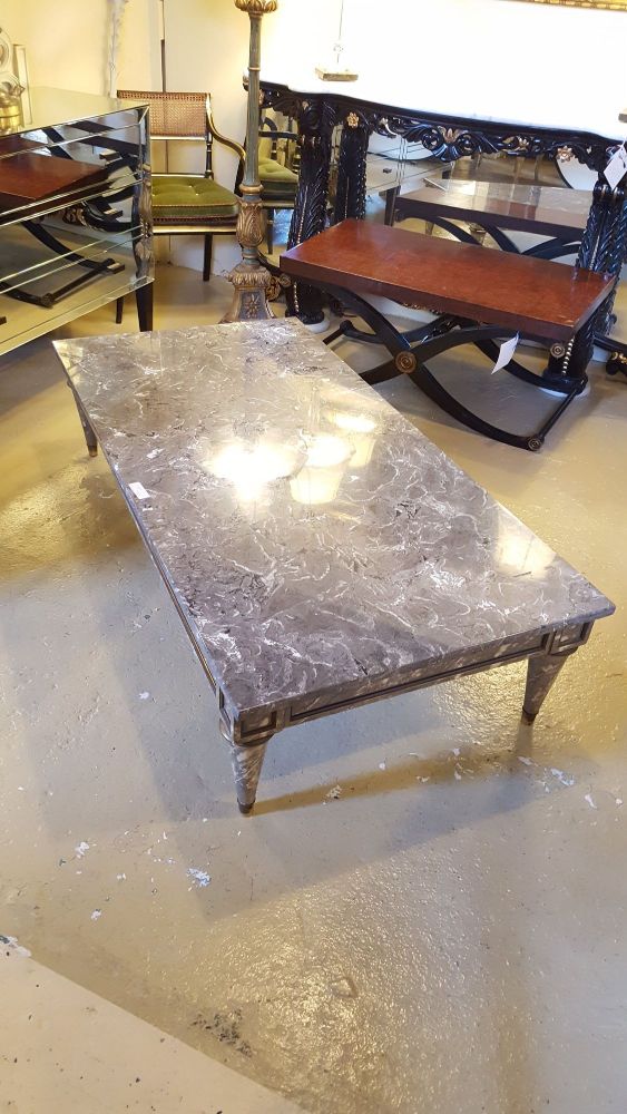Directoire Style Thick Marble-Top Coffee Table With Matching Faux Marble Base
