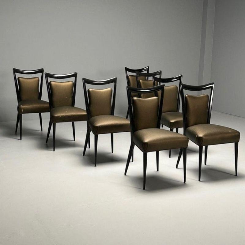 Melchiorre Bega, Italian Mid-Century Modern, Dining Chairs, Table, Black Lacquer