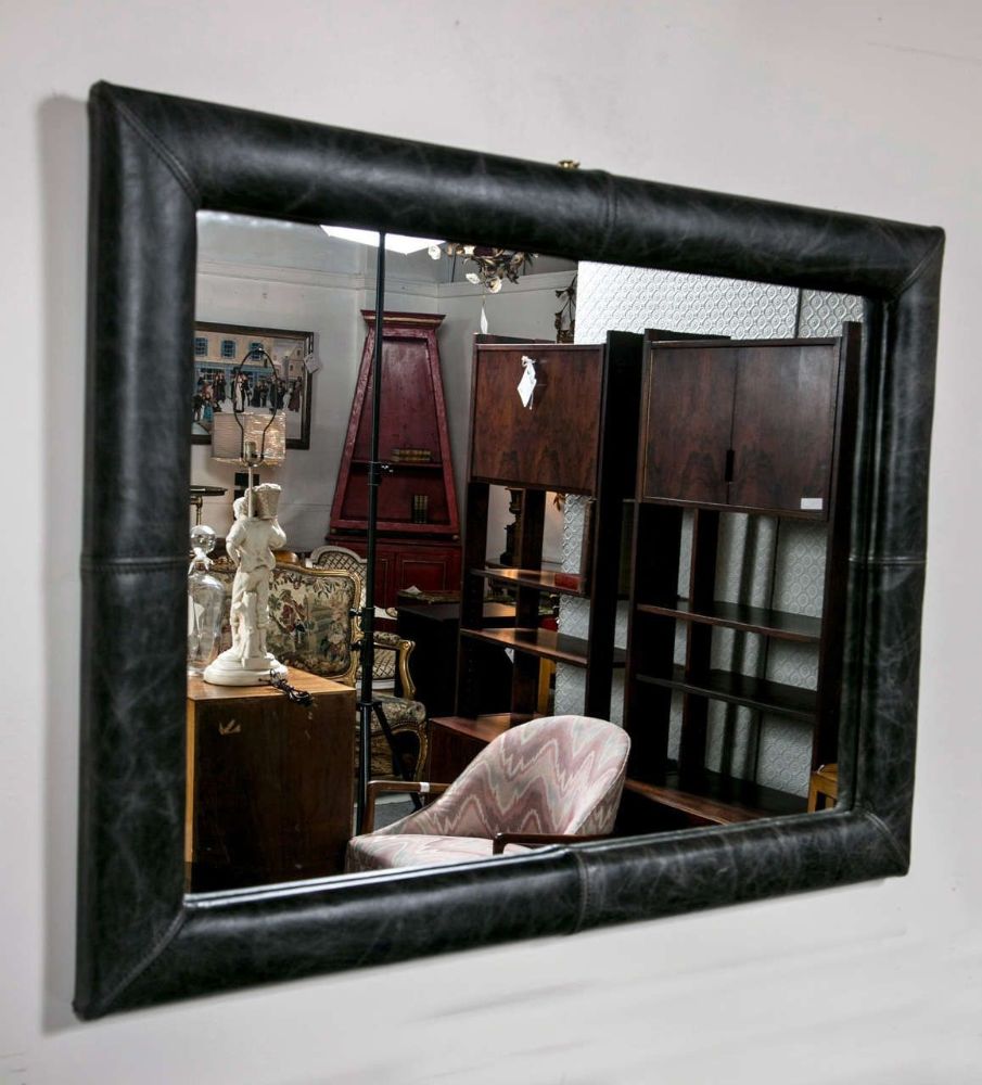 Mid-Century Wall Mirror Decorated Distressed Leather Upholstered Frame