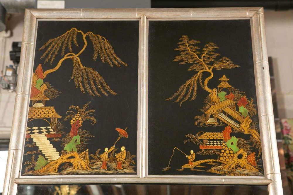 Chinoiserie Hand Painted Style Faux Silver Bamboo Mirror Decorative