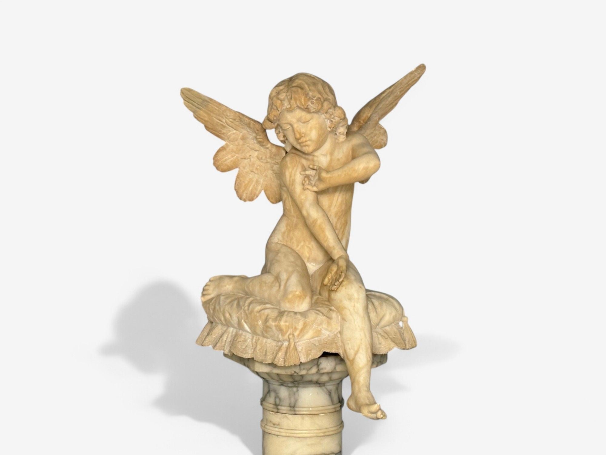 Neoclassical, Winged Angel On Pillow, Alabaster Statue on Pedestal, Italy, 1920s