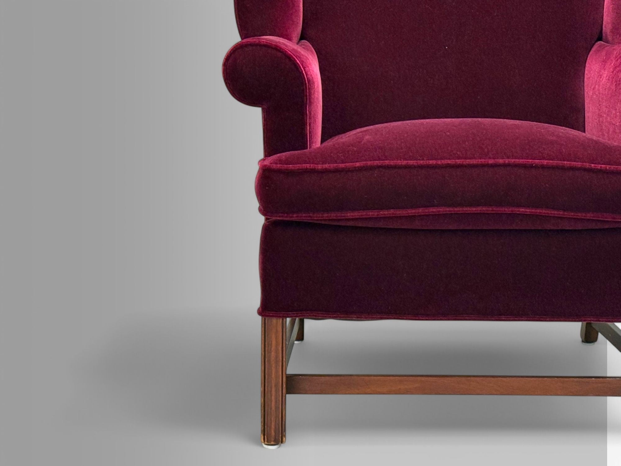 Georgian, Aubergine Mohair, Stained Wood, Wingback Chair, England, 1970s