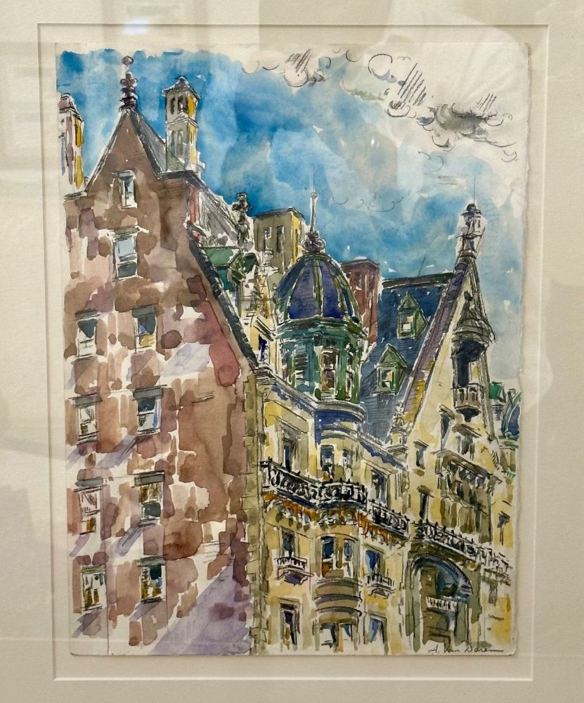 Modernist Watercolor Signed by Adam Van Doren, Architecture, City, Framed