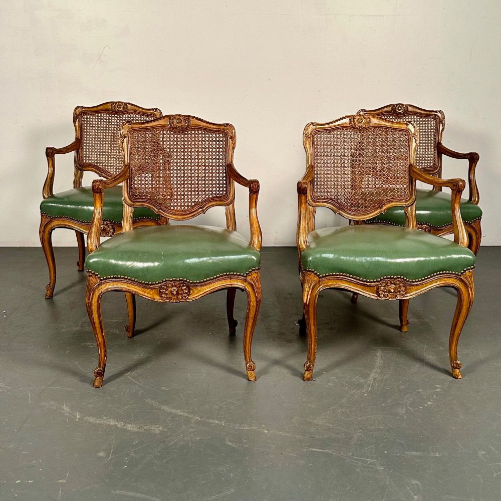 Four French Louis XV Style Fauteuils / Office Chairs, Cane and Leather