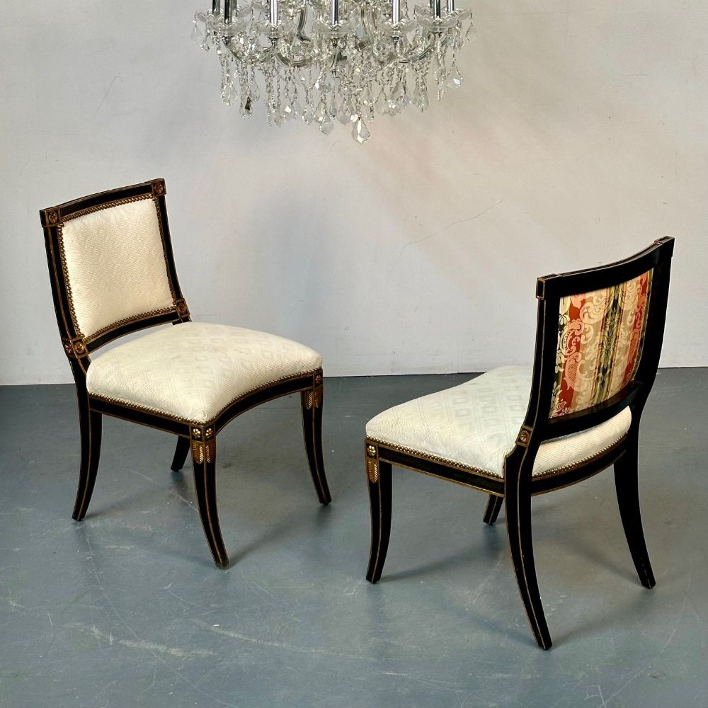 Pair of Louis XVI Maison Jansen Style Dining / Side Chairs, Ebony and Giltwood