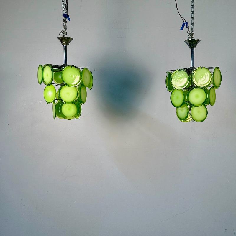 Pair of Mid-Century Modern Style Small Green Murano Glass Disk Chandeliers