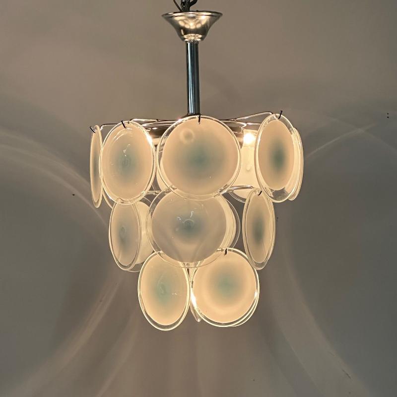 Mid-Century Modern Style Small White Murano Glass Disk Chandeliers / Pendants