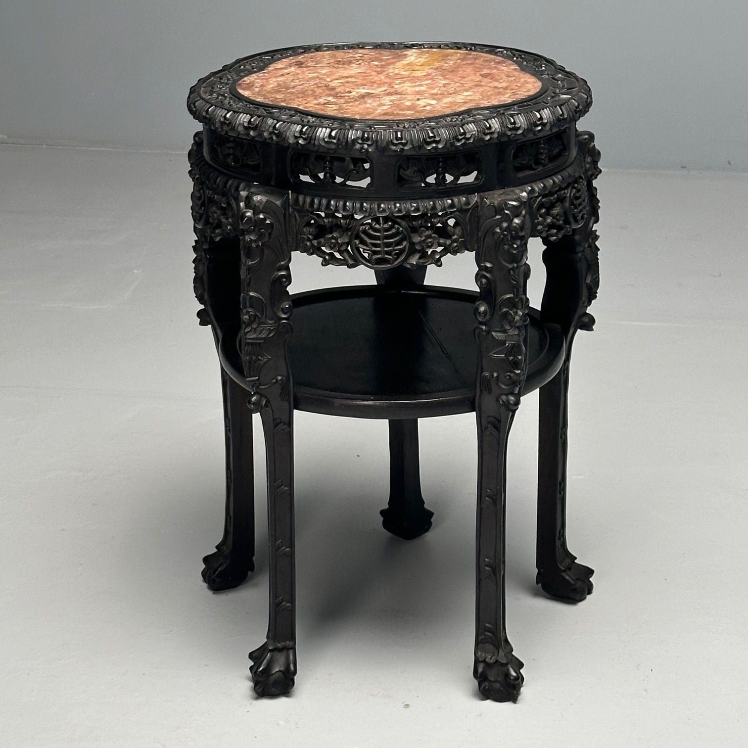 Chinese Heavily Carved, Occasional Tables or Pedestals, Teak, Marble, 1920s