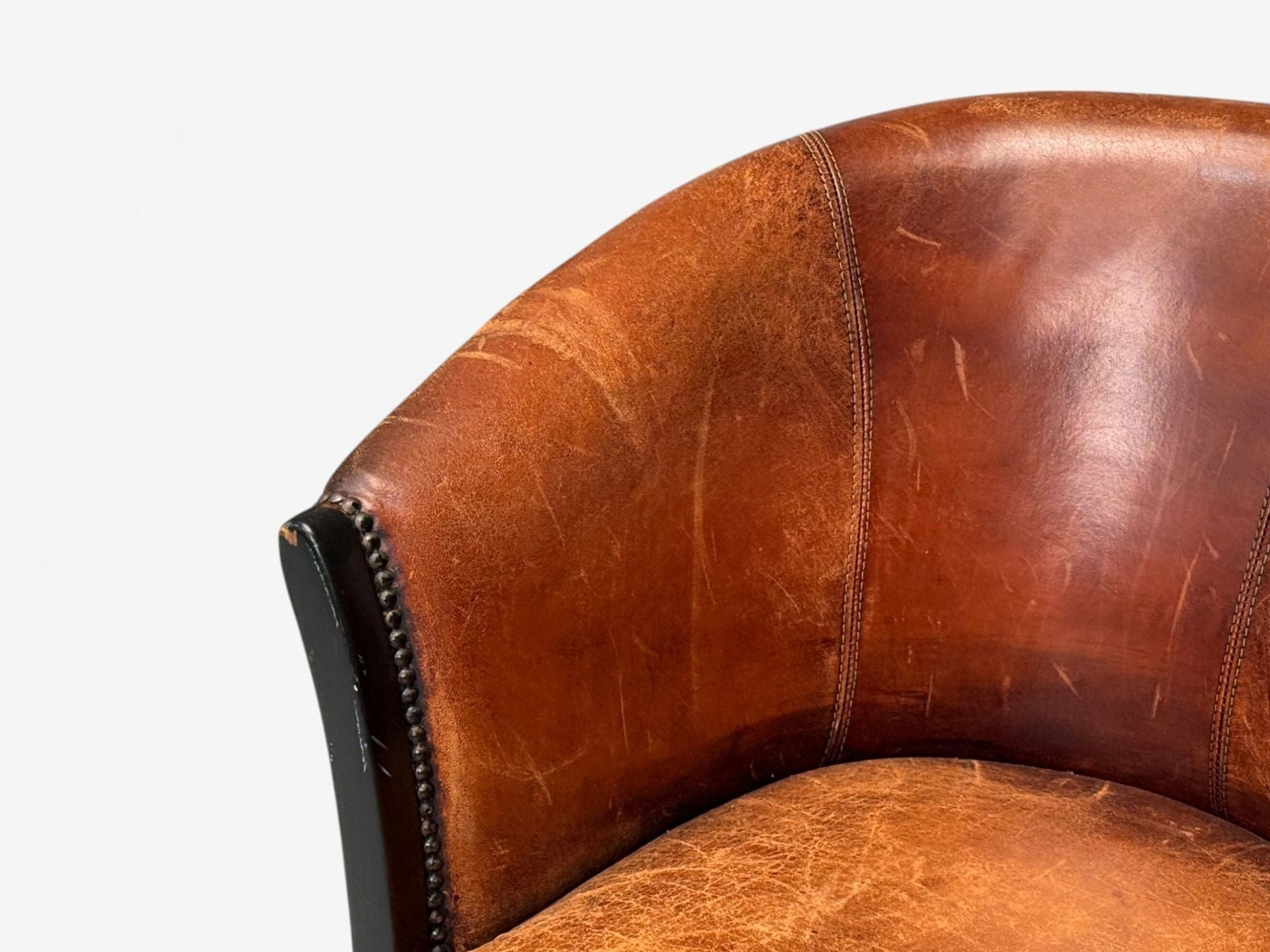 Georgian Style, Distressed Brown Leather, Stained Wood, Tub Chair, USA, 1960s
