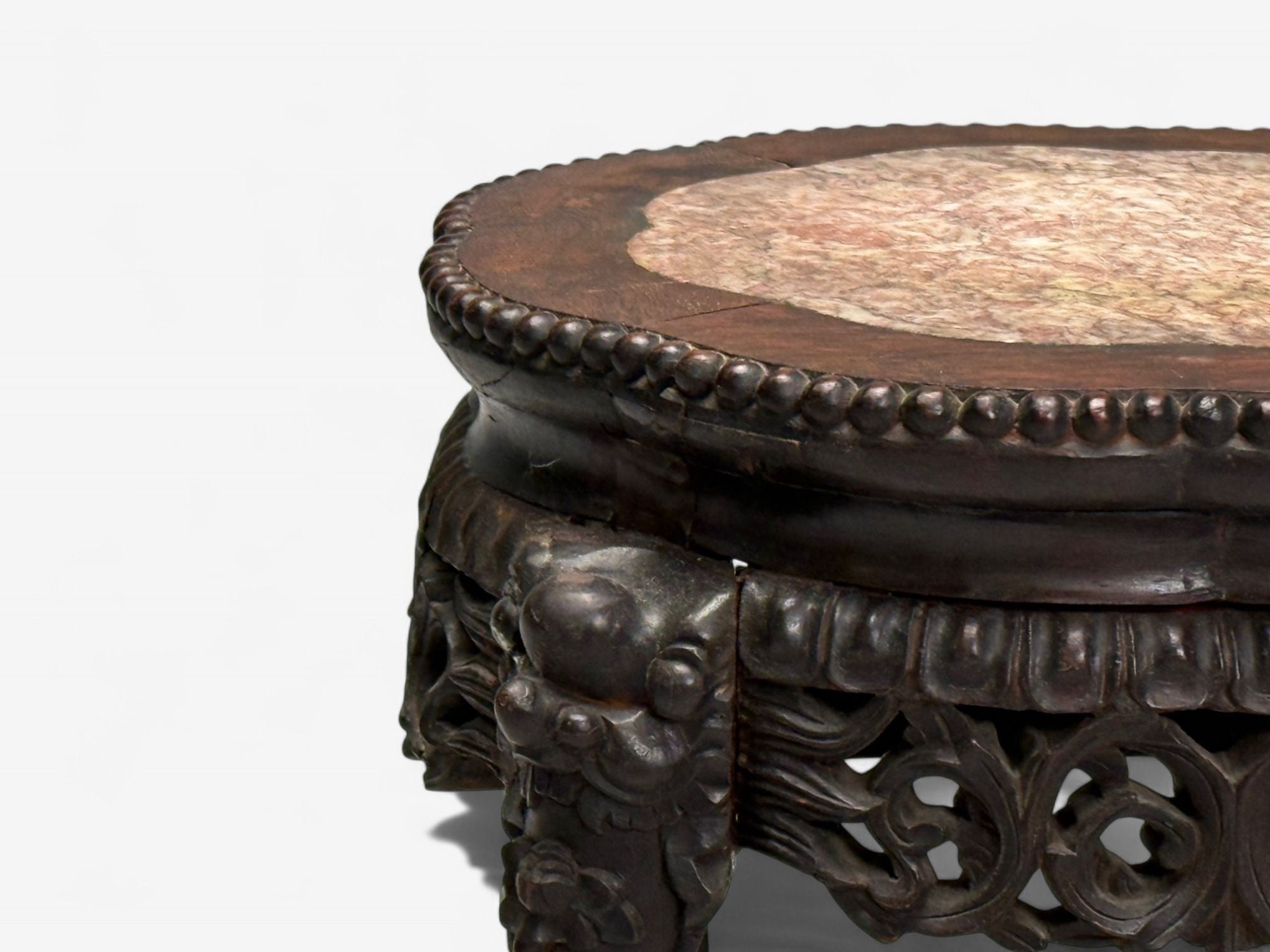 Chinese Export, Carved Hardwood Table, Marble, Low Pedestal, China, 1930s