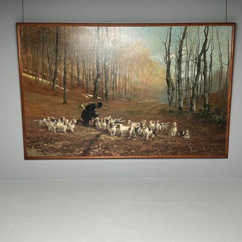 Monumental Oil Canvas, Georges Henri Fauvel, Hunting Dogs with Master, 19th Cent