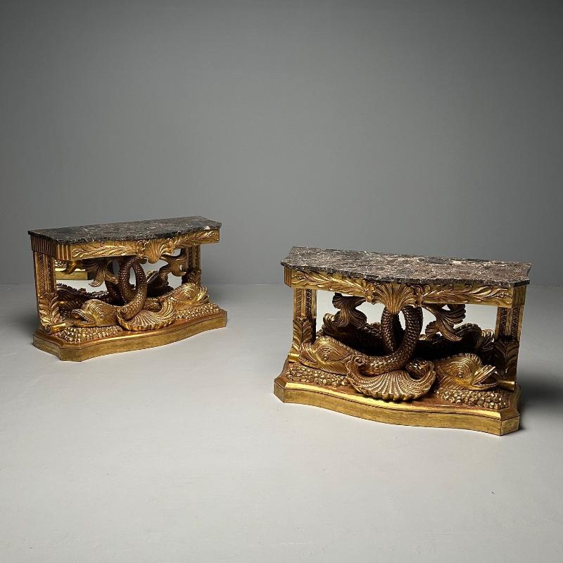 Pair of French Wood Carved Dolphin Console Tables, Pier Tables, Giltwood