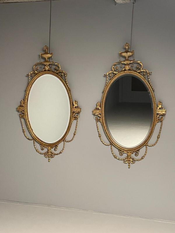 Pair of English Regency Style Gilt Wood Oval Mirror, Wall, Console, Over Mantle