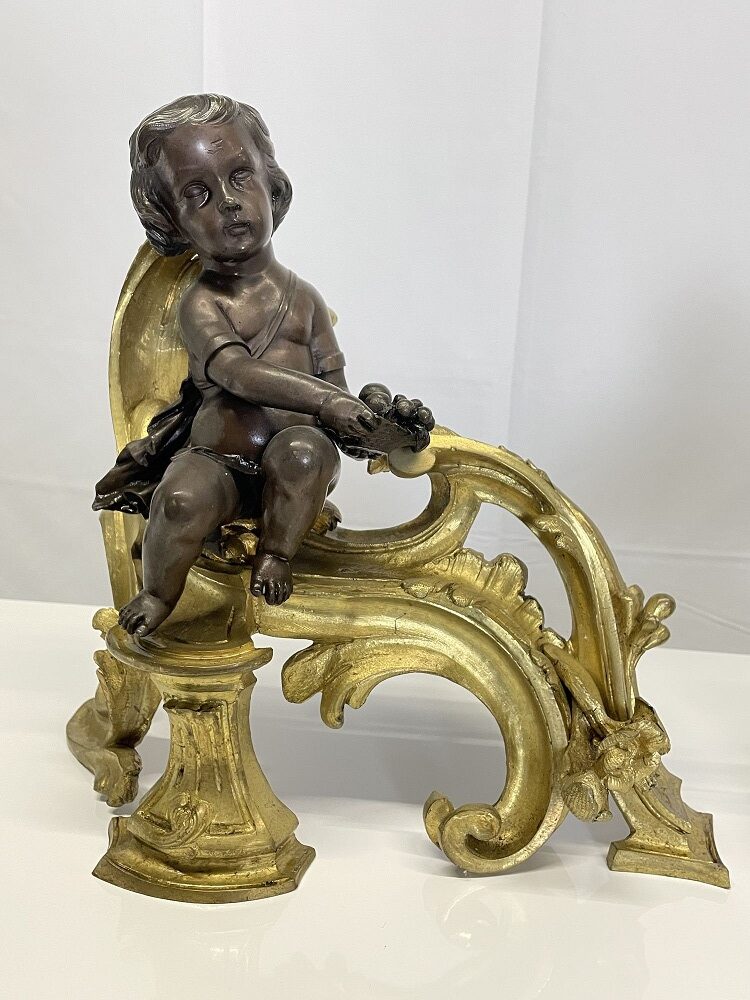 Pair Patinated Gilt Bronze Cherub Fireplace Andirons, Chenets Antique Louis XV