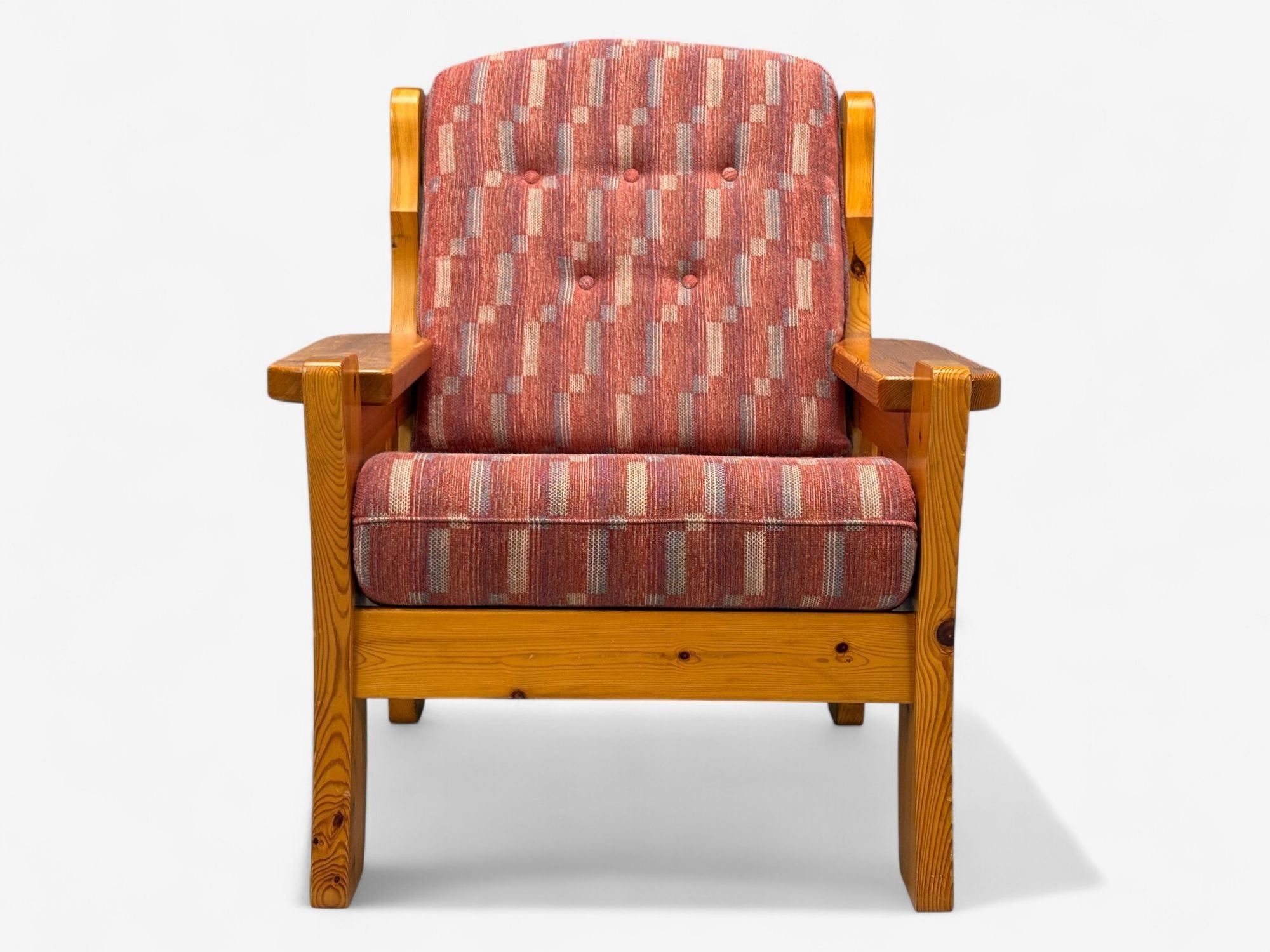 Swedish Modern, Pine, Red Fabric, Brutalist Lounge Chairs, Sweden, 1950s