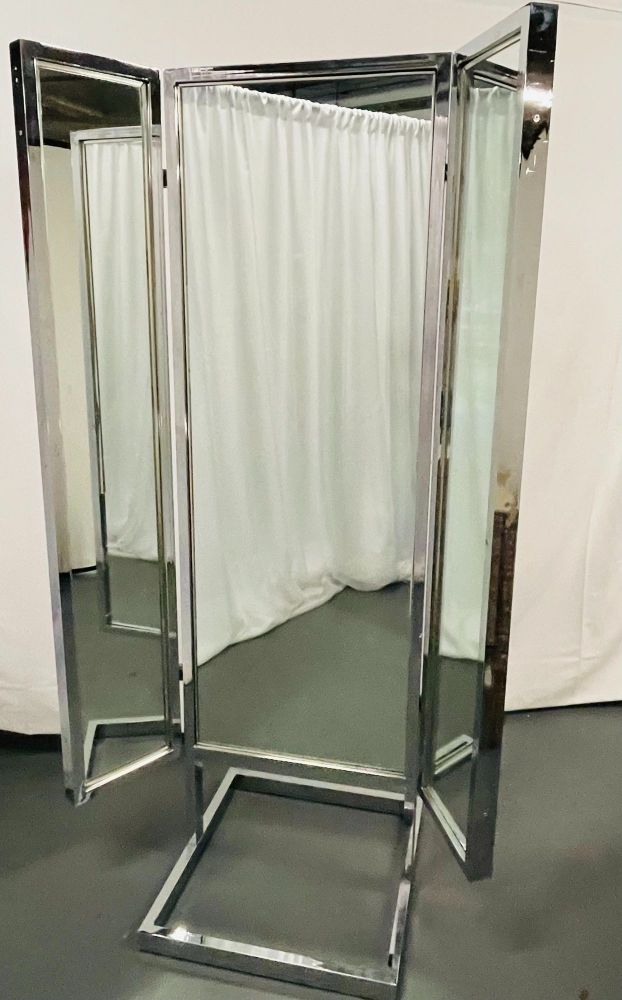A Mid Century Modern Trifold Cheval Mirror, Steel and Chrome Framed, Reversable