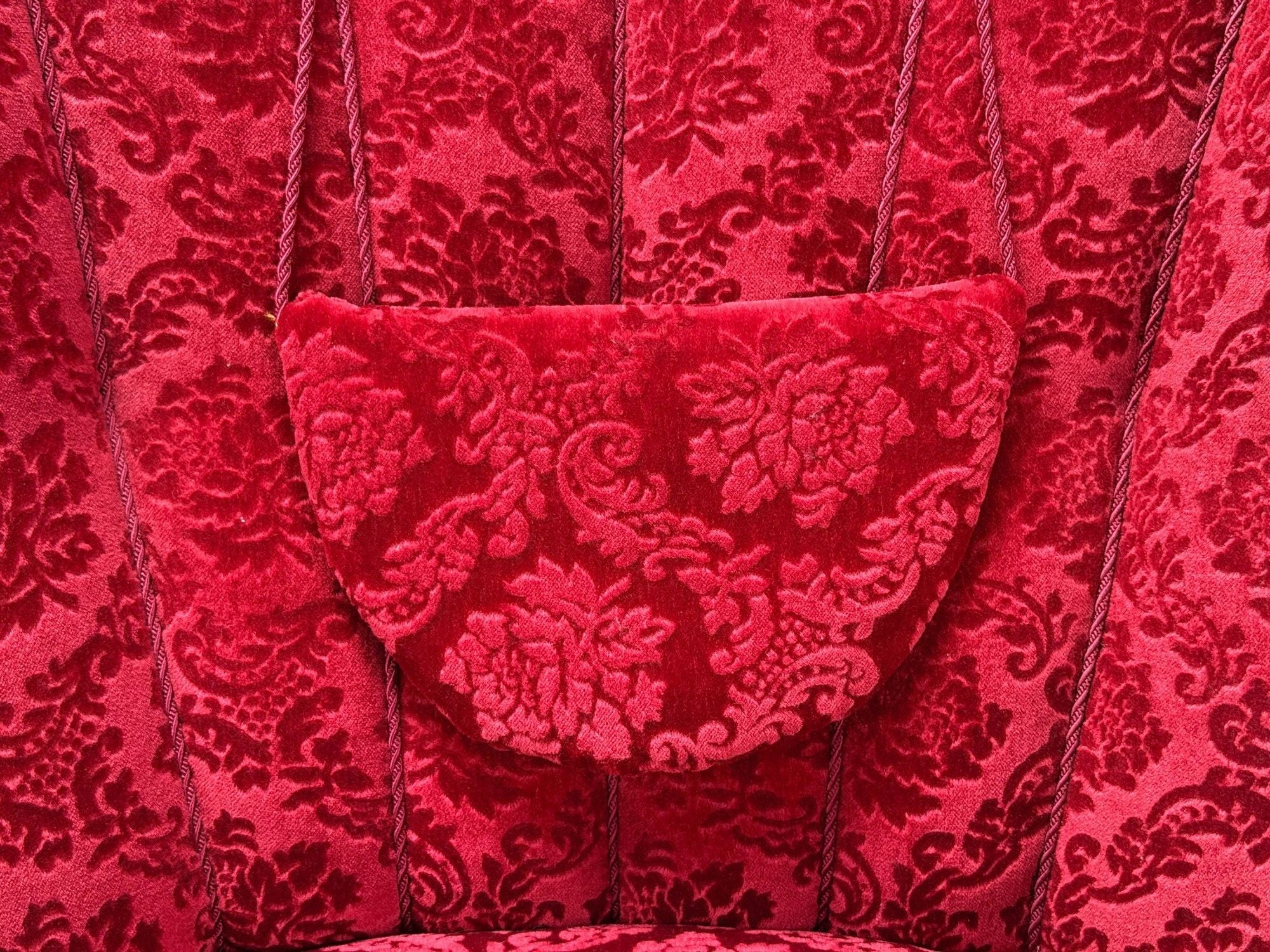 Danish Cabinetmaker, Red Damask, Wood, Lounge Chair, Denmark, 1950s