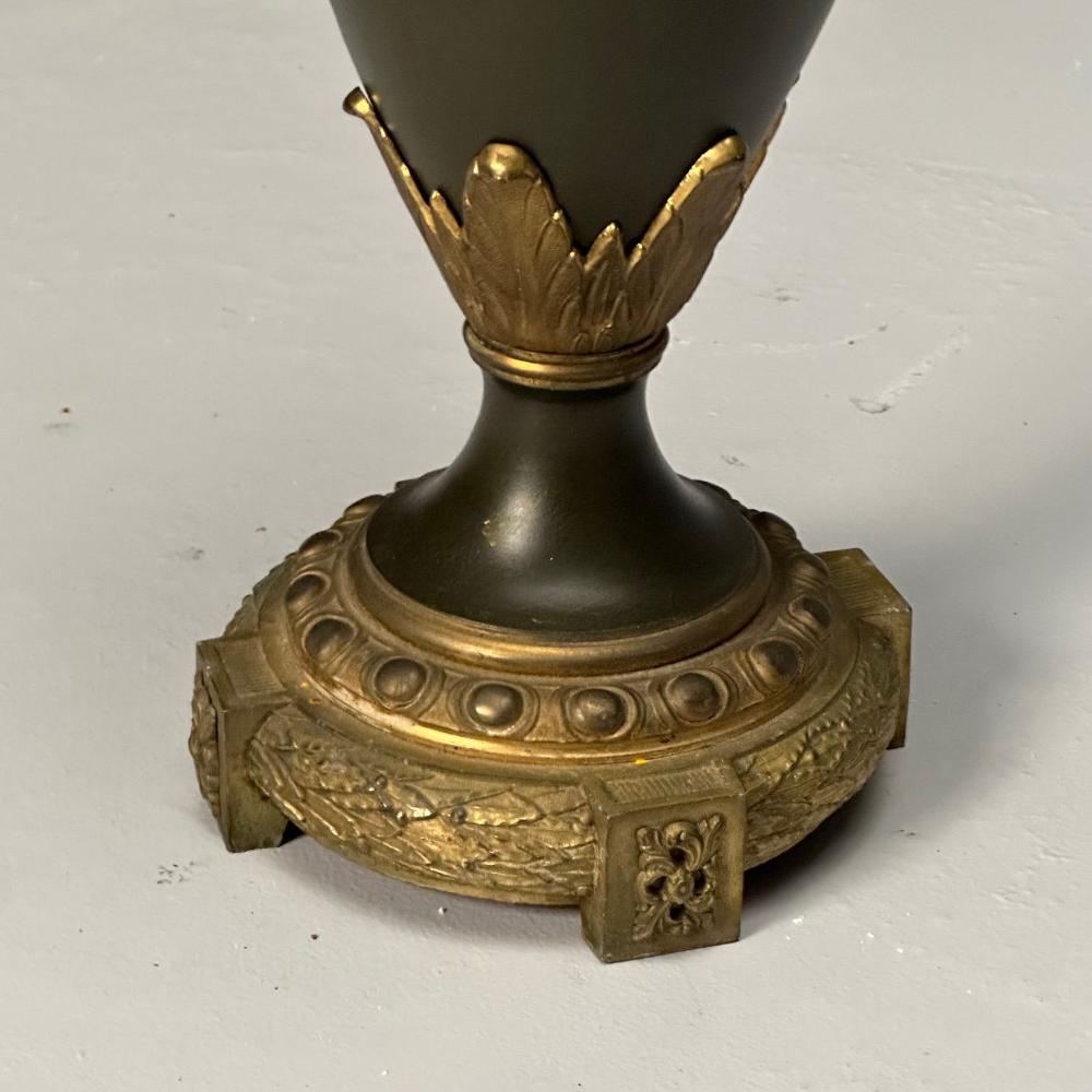 Neoclassical, Pair of Large Urns, Gilt Bronze, Green Painted Metal, 1970s