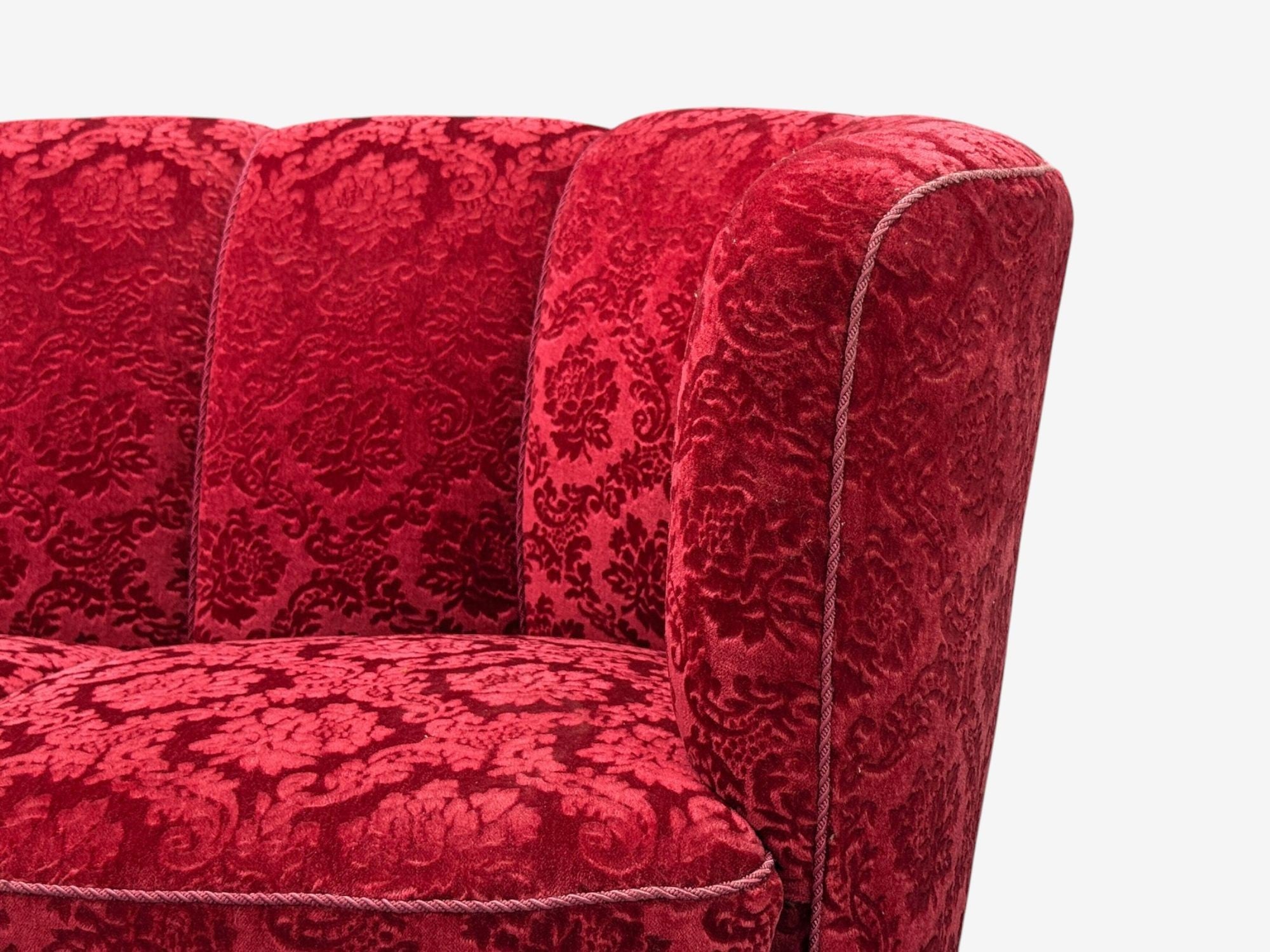 Danish Cabinetmaker, Oak, Fabric, Curved Banana Sofa, Denmark, 1960s