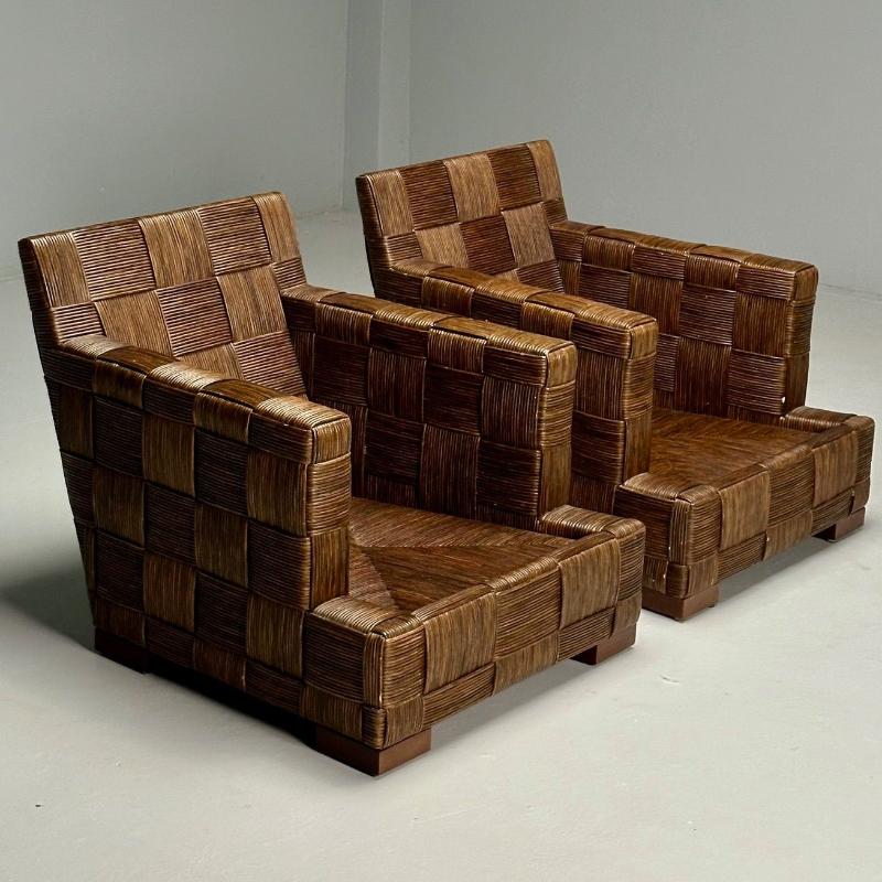 John Hutton, Donghia, Oversized Lounge Chairs, Woven Cane, Mahogany, USA, 1990s