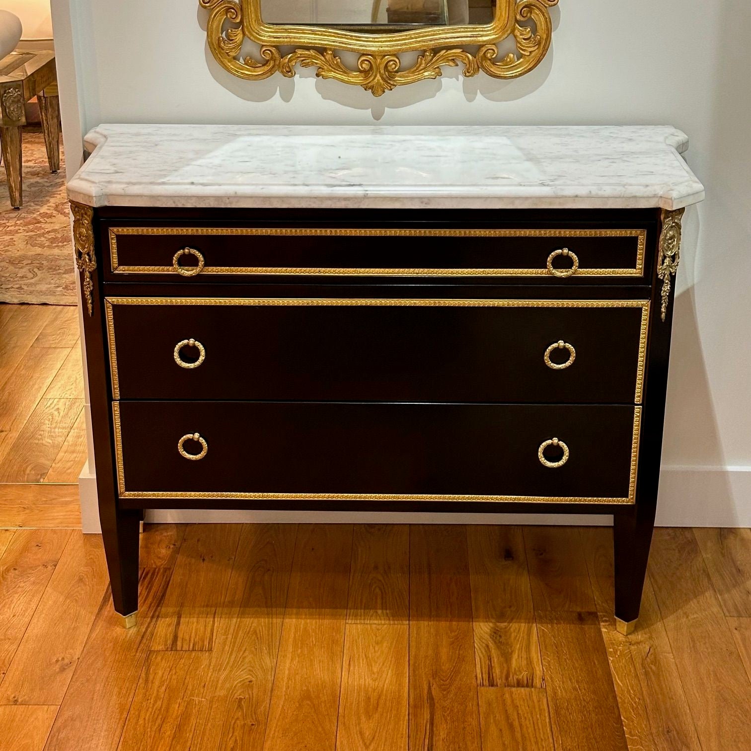 Louis XVI, Hollywood Regency, Commodes, Black Painted Wood, Bronze, Marble