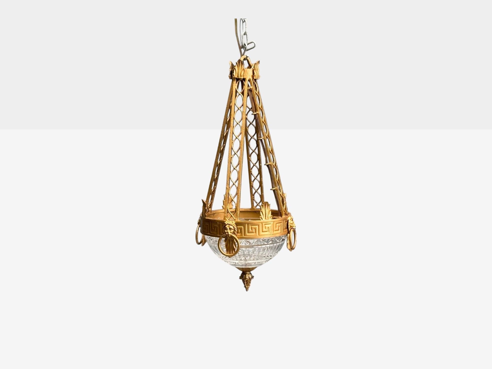 Maitland Smith, Gilt Metal, Glass, Greek Key Motif, Pendant Light, 21st C.