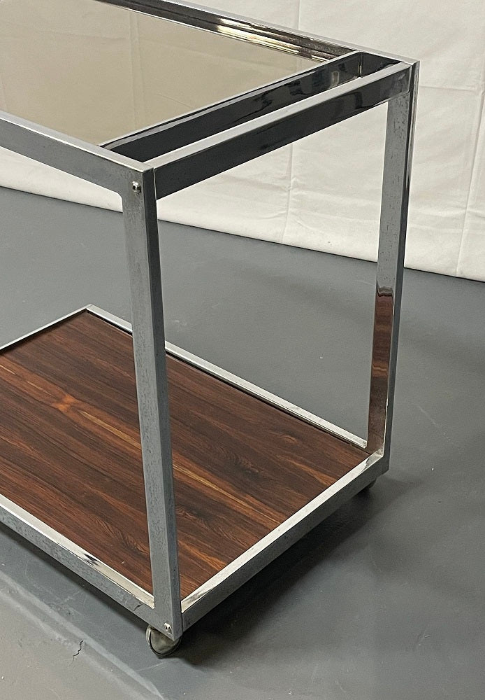 Mid-Century Modern Bar or Serving Cart, Rosewood & Chrome on Casters