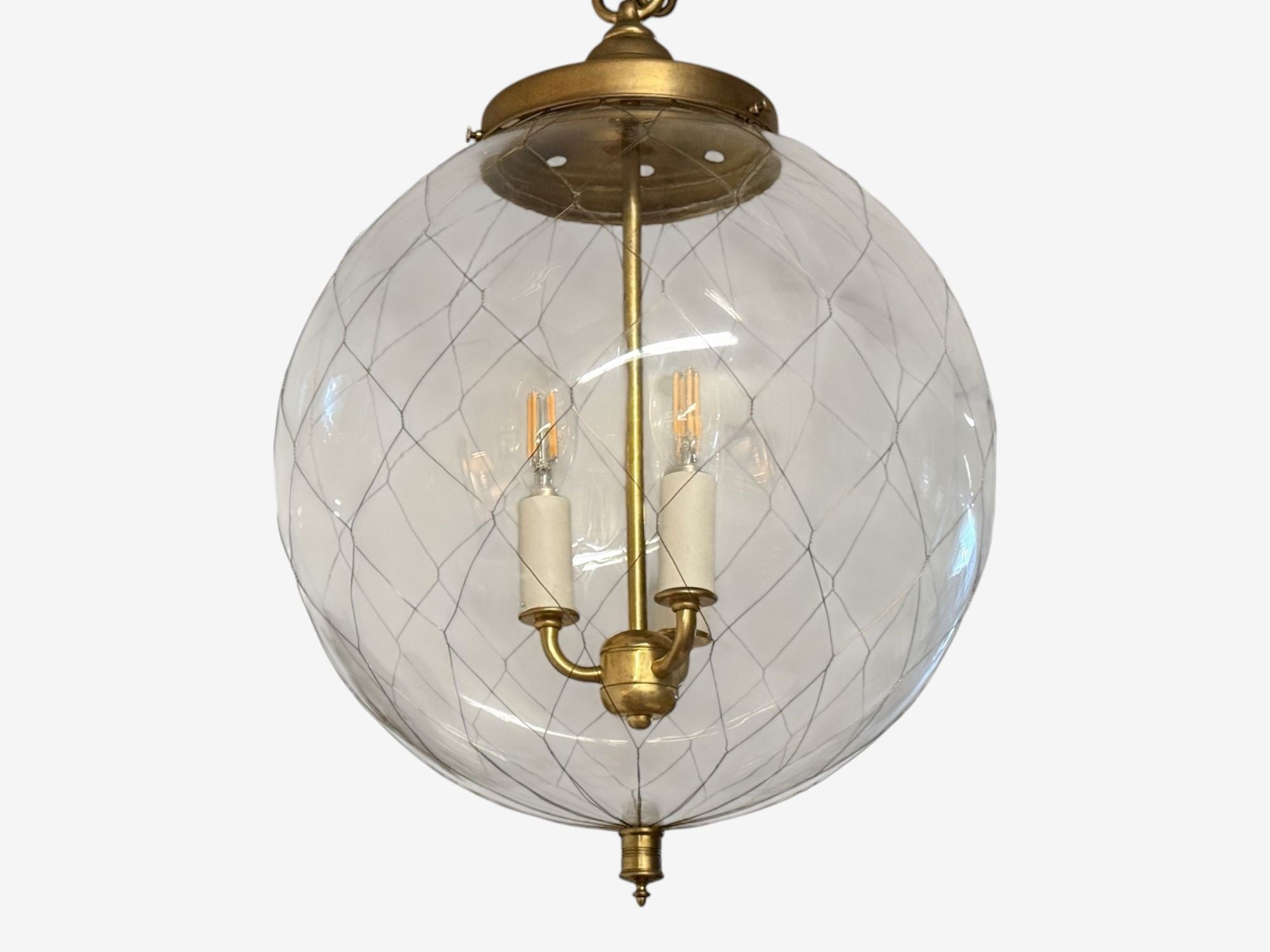 French Mid Century Modern, Brass, Blown Glass, Globe Pendant Lights,1950s