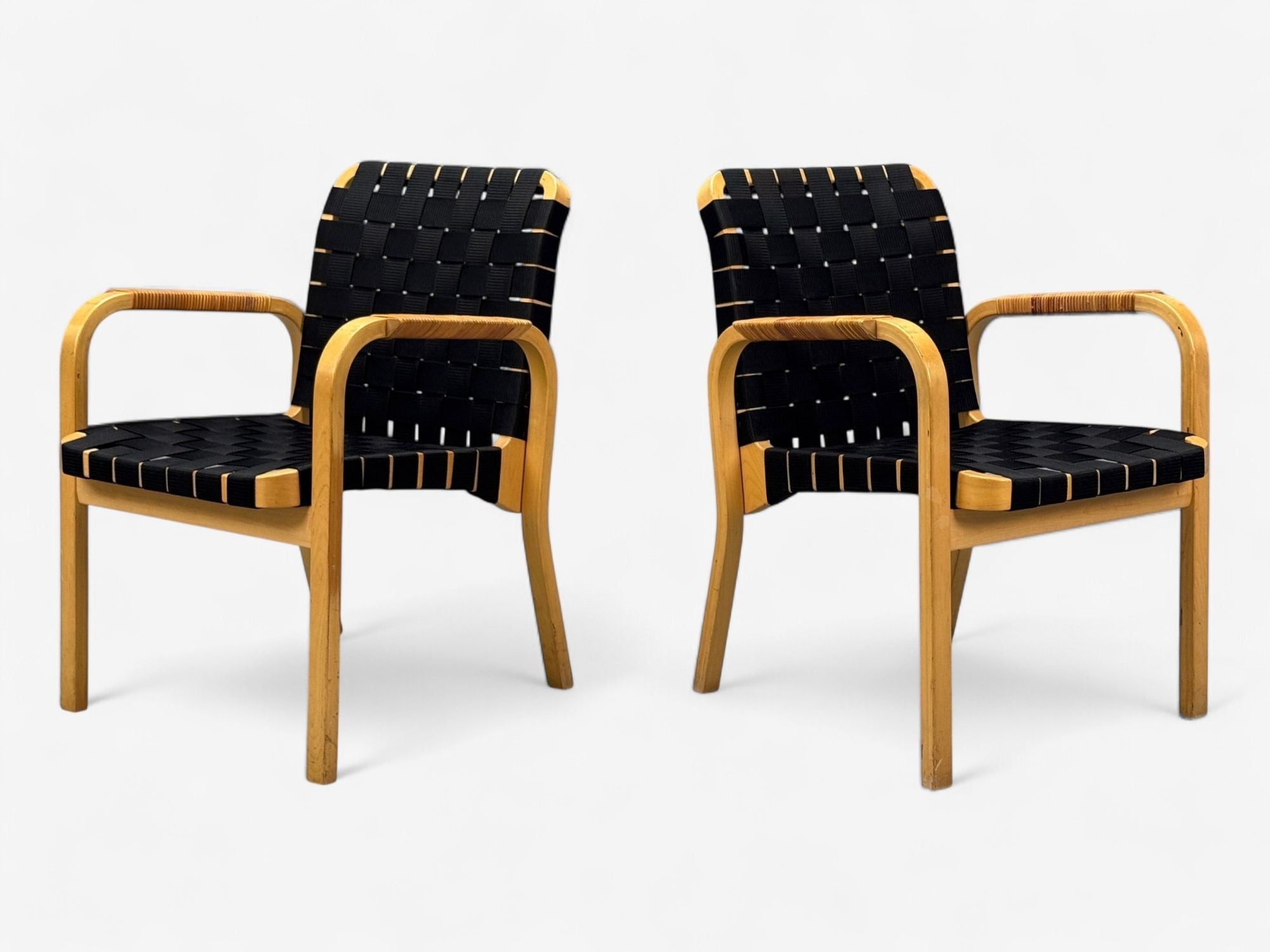 Alvar Aalto, Birch, Rattan, Black Linen Webbing, Armchairs, Finland, 1980s