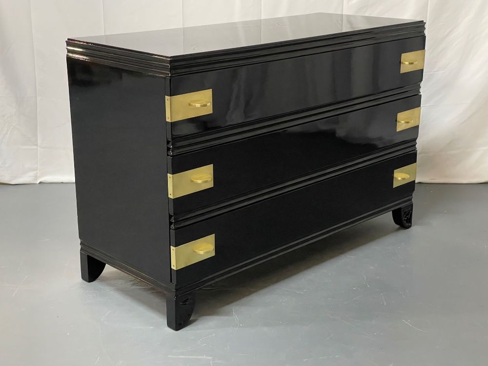 Black Lacquered Campaign Chest, Dresser or Commode, Hollywood Regency, Parzinger